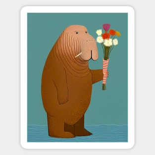 Cute Walrus Holding a Bouquet of Flowers Sticker